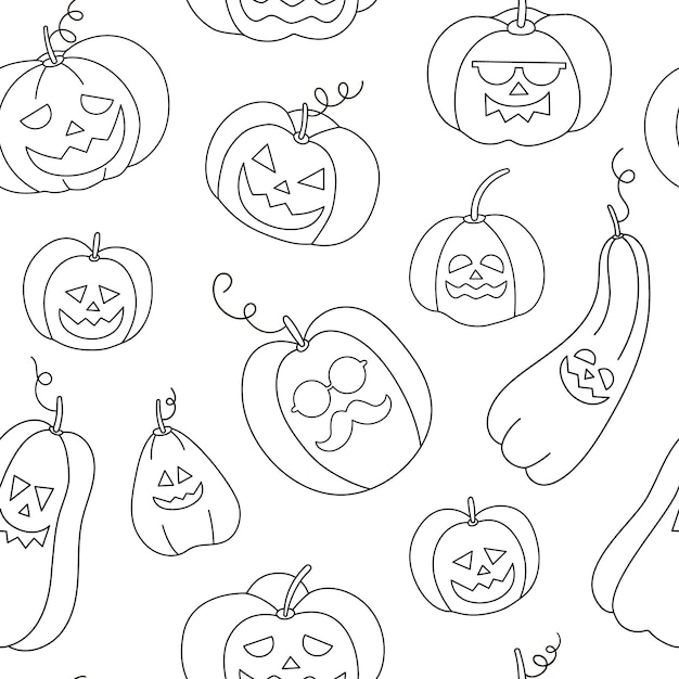 Vector seamless pattern with black and white jackolanterns Halloween party background with outline pumpkin lanterns Scary digital paper or coloring page for Autumn Samhain partyxA