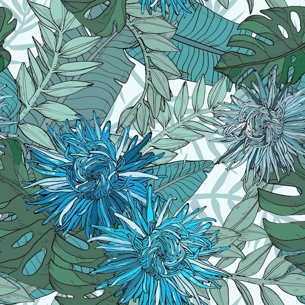 Vector seamless pattern with blue chrysanthemum flowers on a floral background