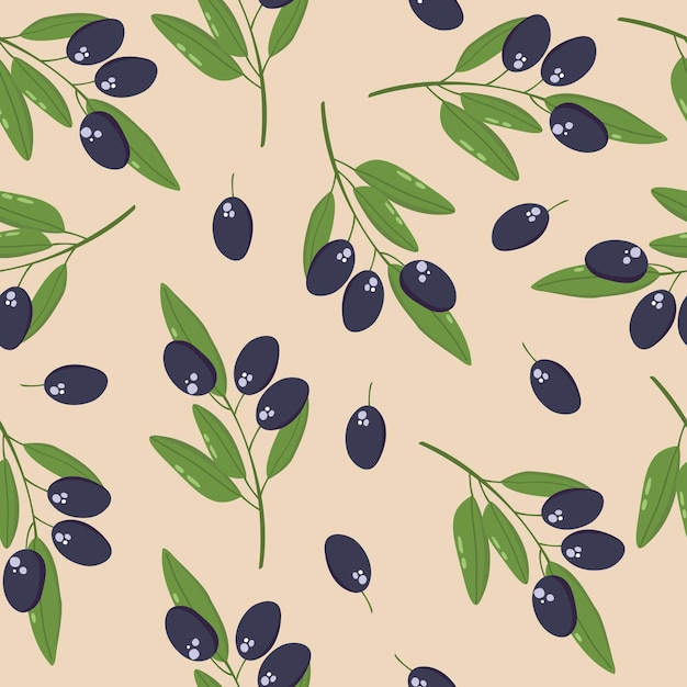 Vector seamless pattern with branches of dark olives. Flat cartoon illustration.