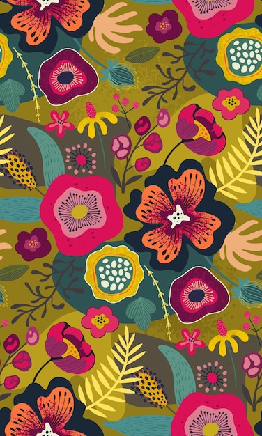 Vector seamless pattern with bright flowers and leaves Endless floral background