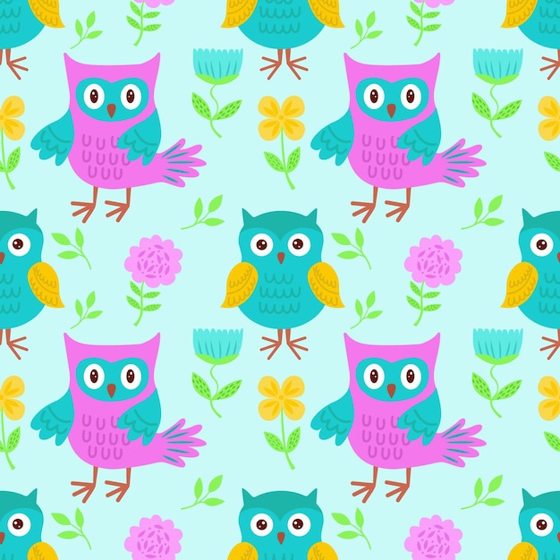 Vector seamless pattern with bright owls. Vector illustration with owls for children.