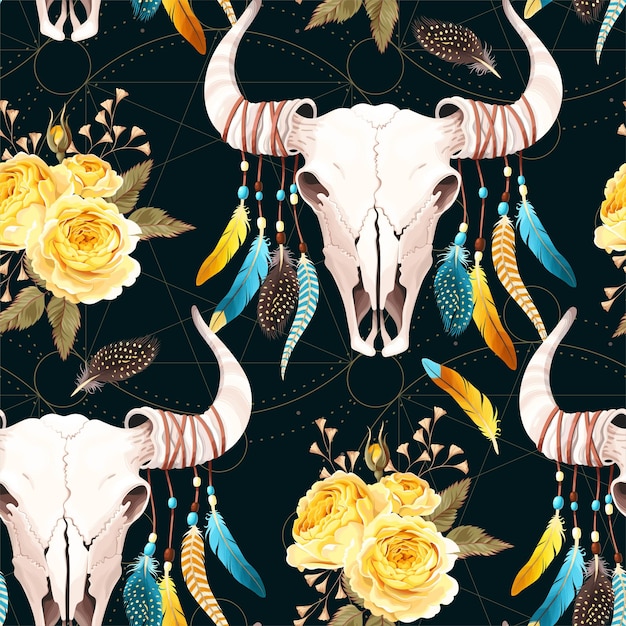 Vector seamless pattern with bull skull and feather