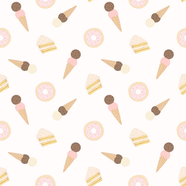 Vector seamless pattern with cakes, donuts and ice cream.