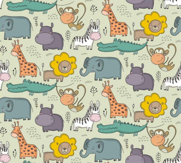 Vector seamless pattern with cartoon African animals jungle plants and trees