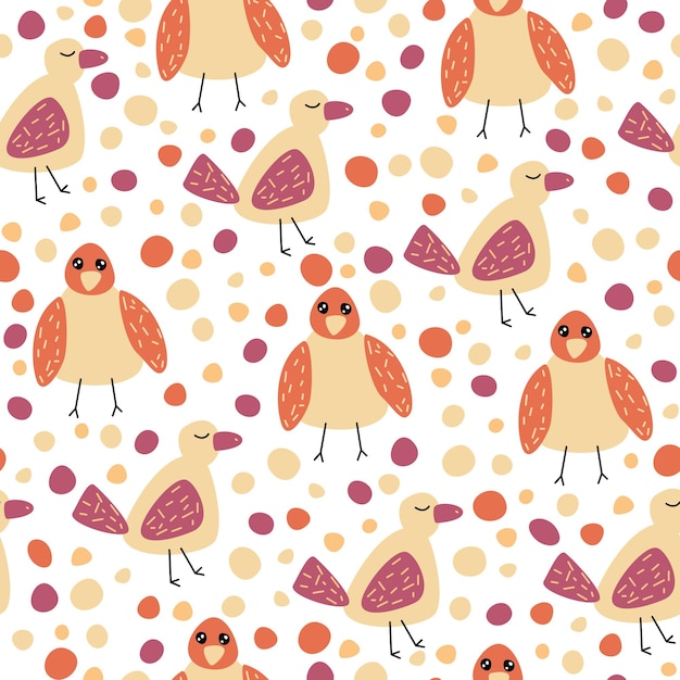 Vector seamless pattern with cartoon birds and spots on a white background