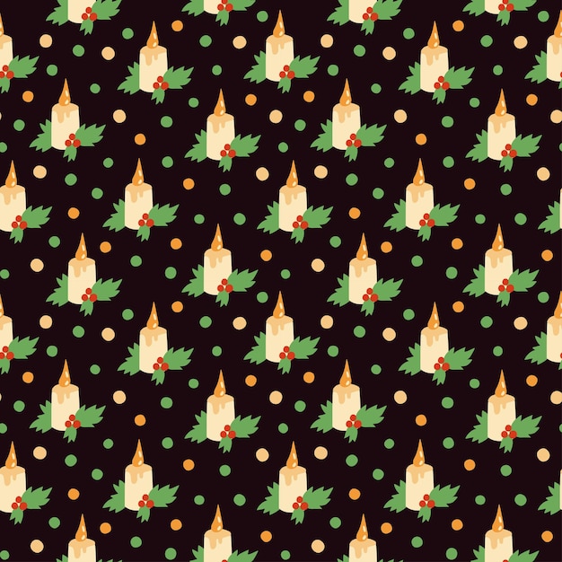 Vector seamless pattern with cartoon Christmas candles berries and dots New Years background