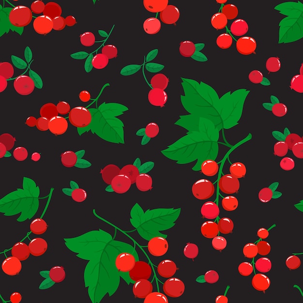 Vector seamless pattern with cartoon cranberries and currants isolated on black. Bright berries branch. Illustration used for magazine, book, poster, card, menu cover, web pages.