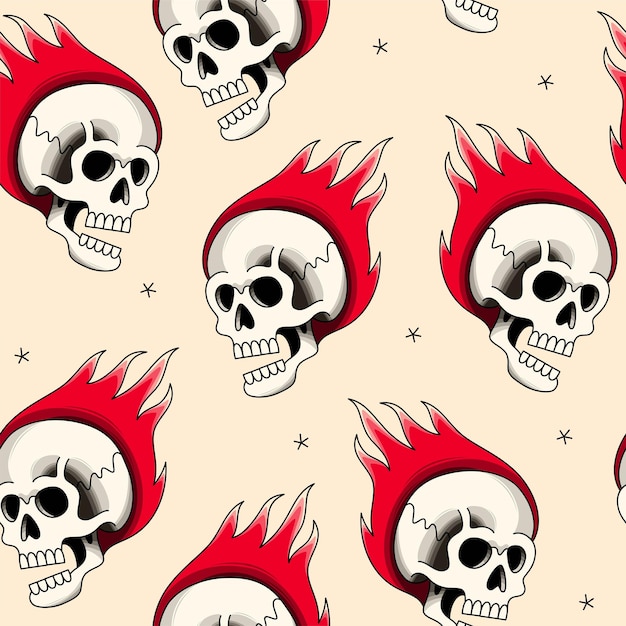 Vector seamless pattern with cartoon flaming skull