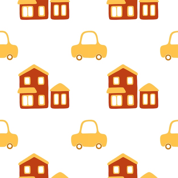 Vector seamless pattern with cartoon houses and passenger car in red and yellow colors