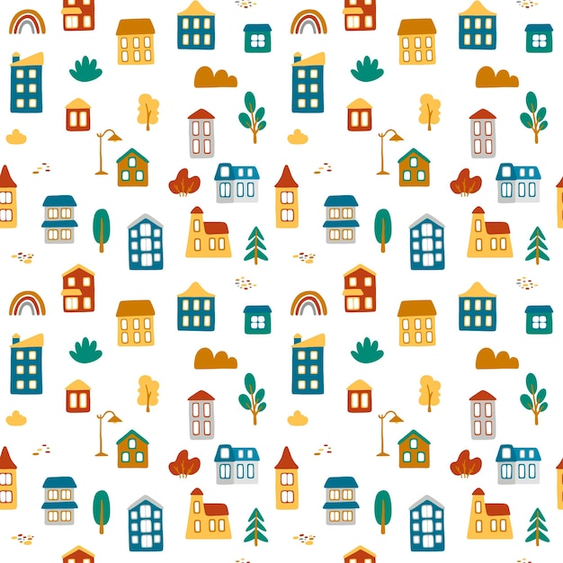 Vector seamless pattern with cartoon houses, plants, hills, stones, streetlight, rainbow