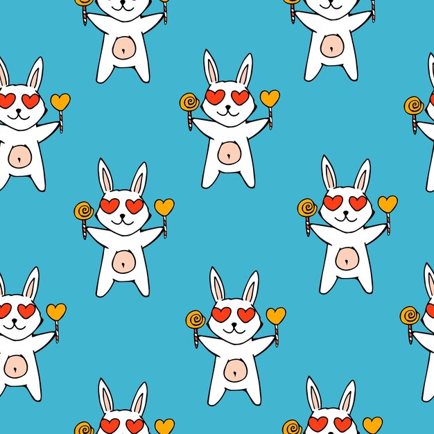 Vector seamless pattern with cartoon rabbits and candy hearts