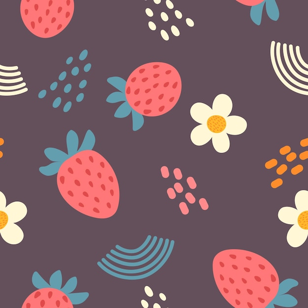 Vector seamless pattern with cartoon style cute doodle strawberries seeds and flowers on a dark background