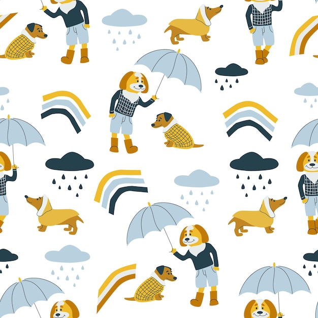 Vector seamless pattern with cat and dog umbrella Autumn weather