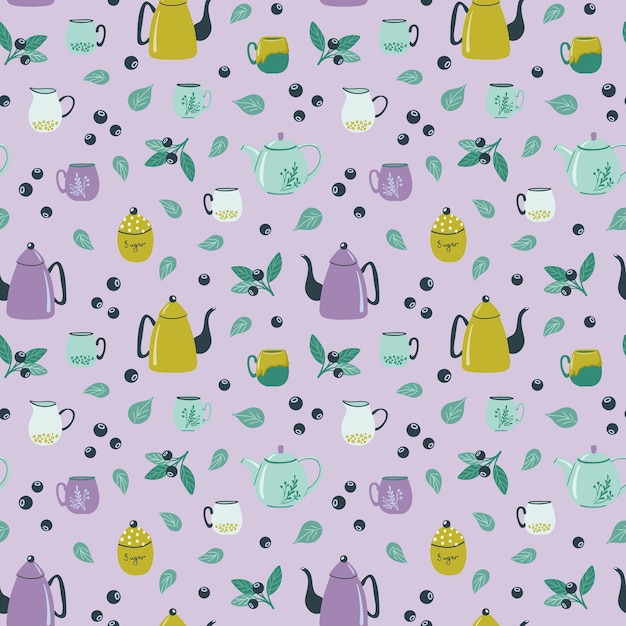 Vector seamless pattern with ceramic kitchenware, blueberry and leaves