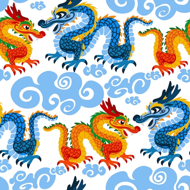 Vector vector seamless pattern with chinese dragon and clouds orange and blue handdrawn abstract art print