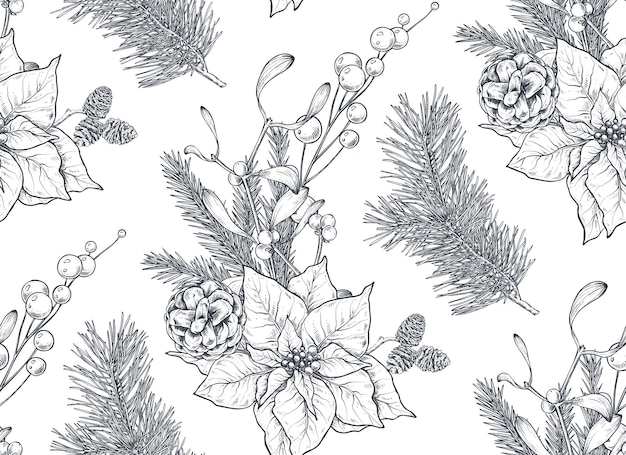 Vector seamless pattern with Christmas floral elements plants branches pine cones poinsettia