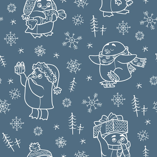 Vector seamless pattern with Christmas penguins on dark background