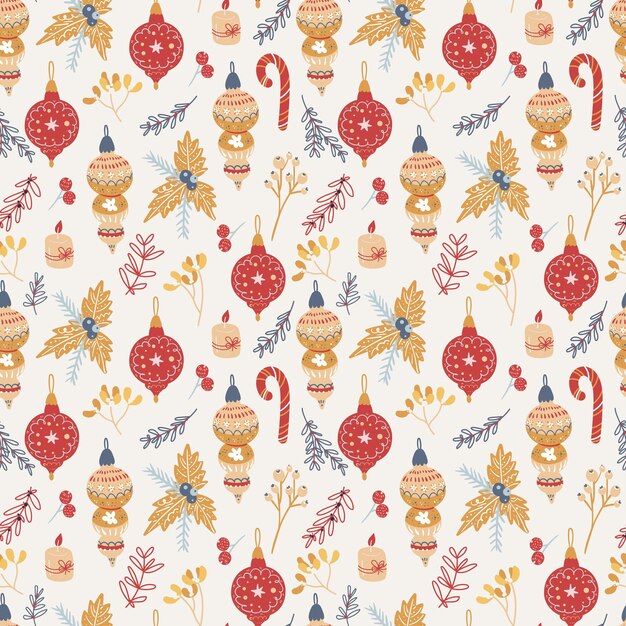 Vector seamless pattern with Christmas toys candy cone candle mistletoeChristmas balls toys