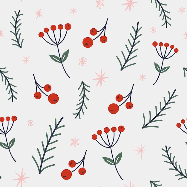 Vector seamless pattern with christmas tree branches winter berries and snowflakes