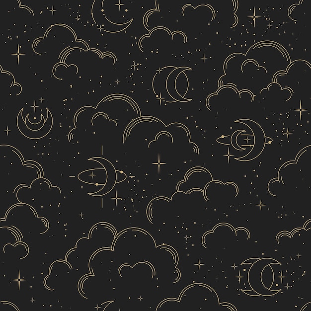 Vector seamless pattern with clouds, moons and stars. Gold decorative ornament. Graphic lunar pattern for astrology, esoteric, tarot, mystic and magic. Luxury elegant design.