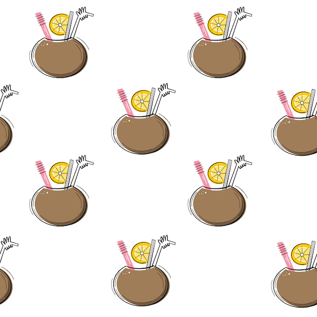 Vector seamless pattern with cocktail in coconut. Flat, Doodle style