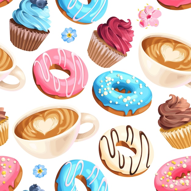 Vector seamless pattern with coffee cups, varicolored glazed donuts and cupcakes