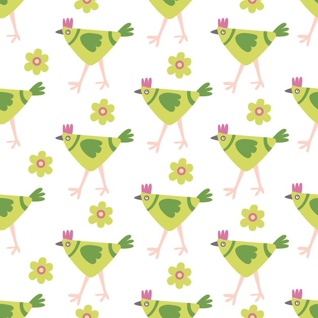 Vector seamless pattern with colorful decorative green hens and chamomile flowers