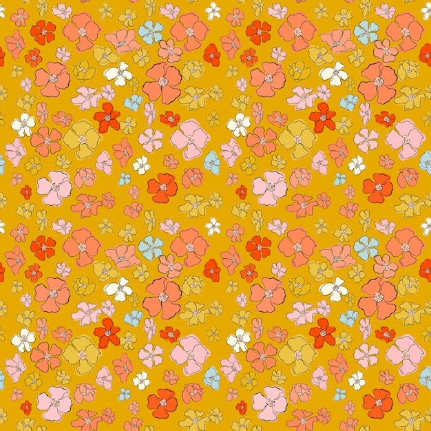 Vector seamless pattern with colorful illustration of beautiful flowers