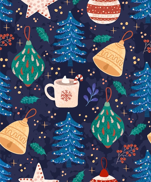 Vector seamless pattern with colorful illustrations of Christmas items