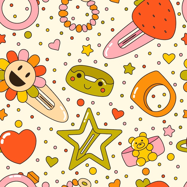 Vector seamless pattern with colorful y2k accessories 90s 00s cute rings and hair clips background