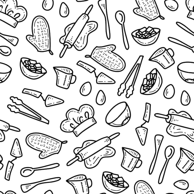 Vector seamless pattern with cooking tools in doodle style