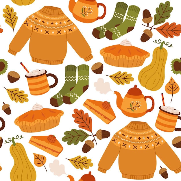 Vector seamless pattern with cozy Autumn elements. Bright repeating texture. Wrapping paper.