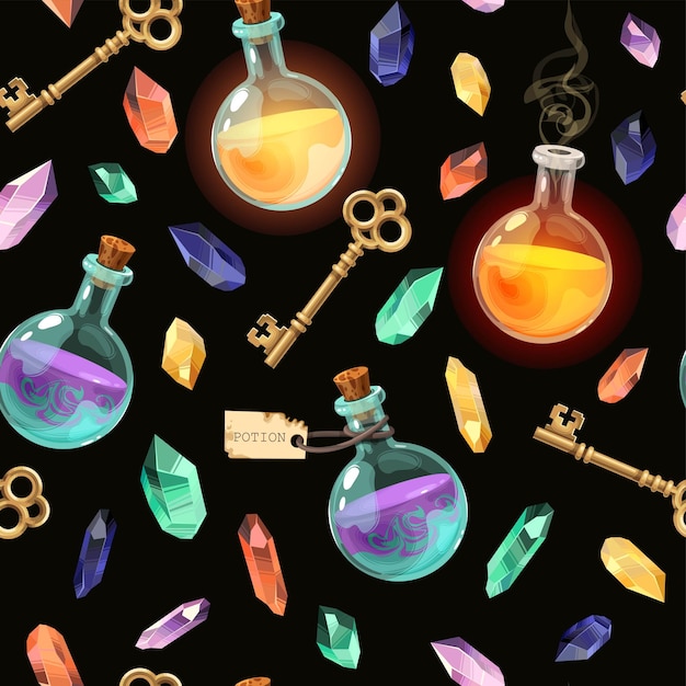 Vector seamless pattern with crystals and potions