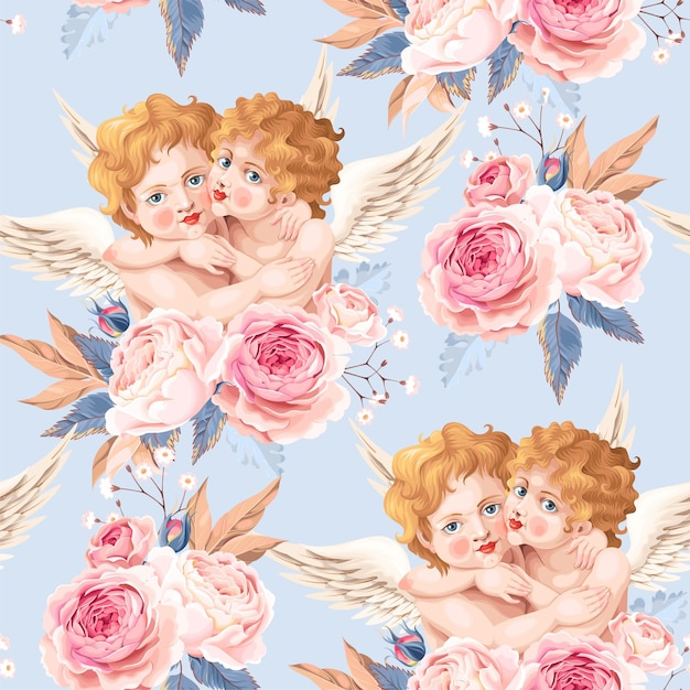 Vector vector seamless pattern with cupids and rose