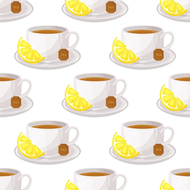 Vector seamless pattern with cups of tea and lemons Cute background print for menus dishes