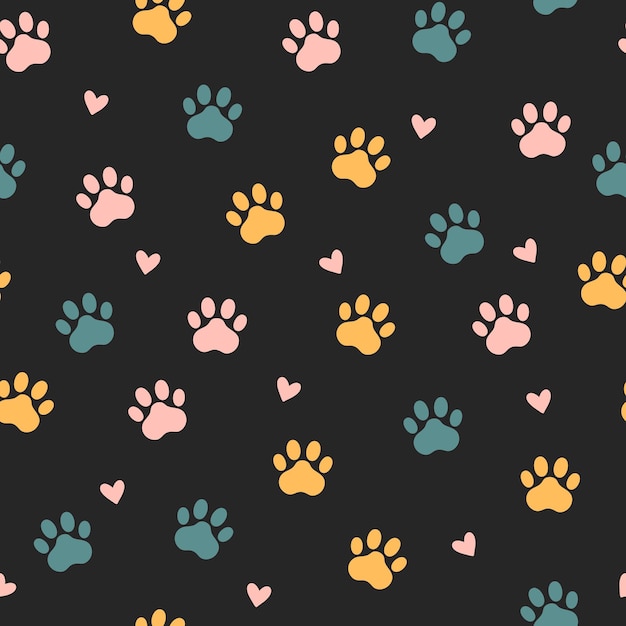 Vector vector seamless pattern with cute animal paw and hearts