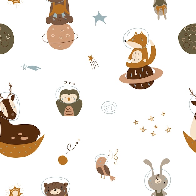 Vector seamless pattern with cute astronaut animals textures and space objects