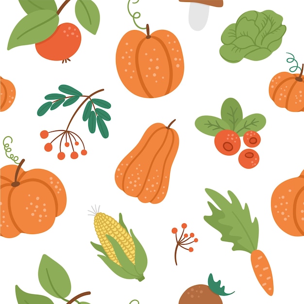 Vector seamless pattern with cute autumn vegetables, fruit and berry. Background with pumpkins