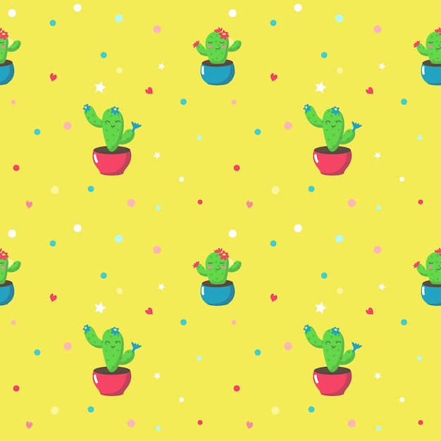 Vector seamless pattern with cute cartoon cactuses