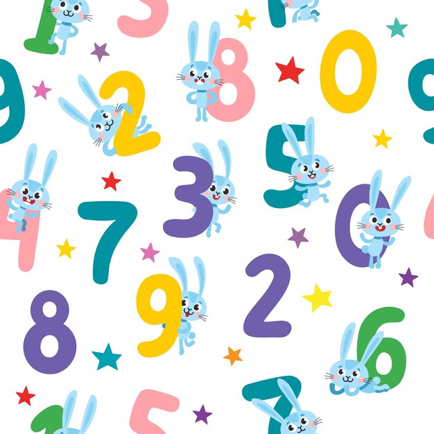 Vector seamless pattern with cute cartoon rabbits and numbers