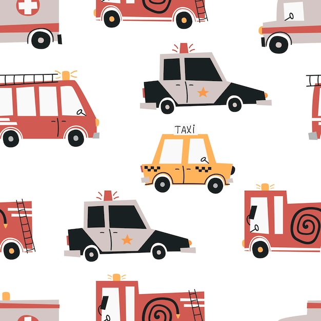 Vector seamless pattern with cute emergency cars Pattern for bedroom wallpaper kids and baby wear