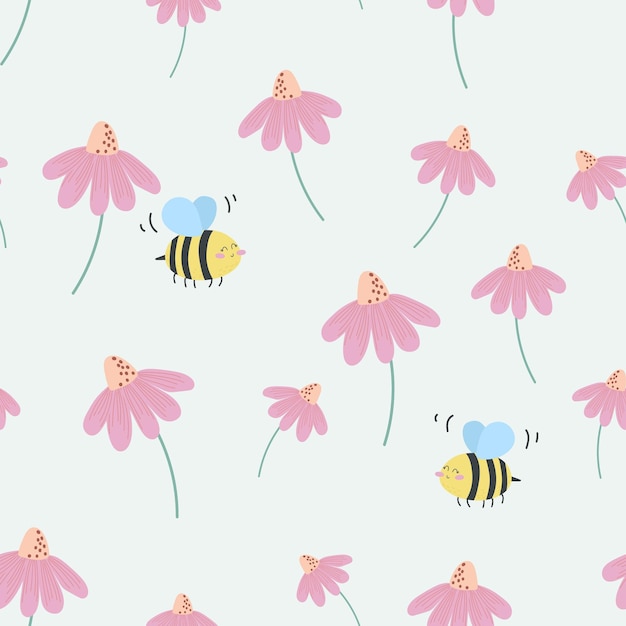 Vector seamless pattern with cute flowers and a bee Bee on a flower meadow