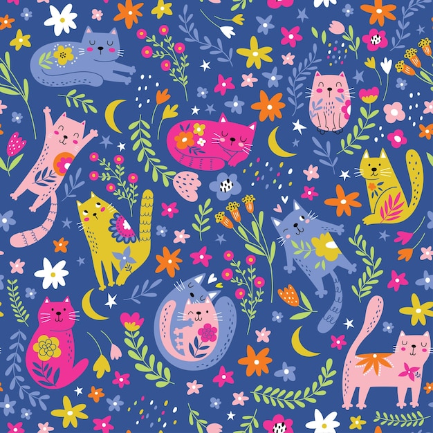 Vector seamless pattern with cute funny cats in cartoon style Ideal kids design for fabric