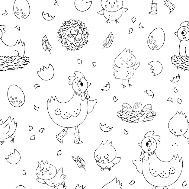 Vector seamless pattern with cute hen little chicks eggs nest Spring or Easter funny repeating backg