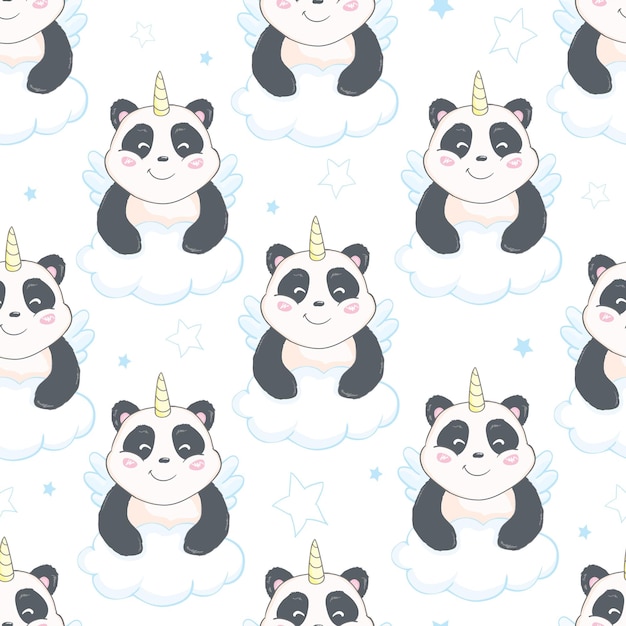 Vector seamless pattern with cute panda bear character with unicorn horn Pandaunicorn in cartoon style flat design