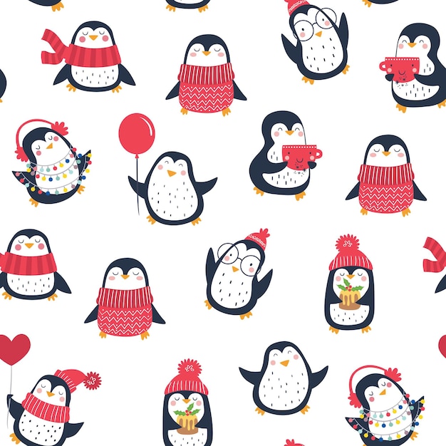 Vector seamless pattern with cute penguins