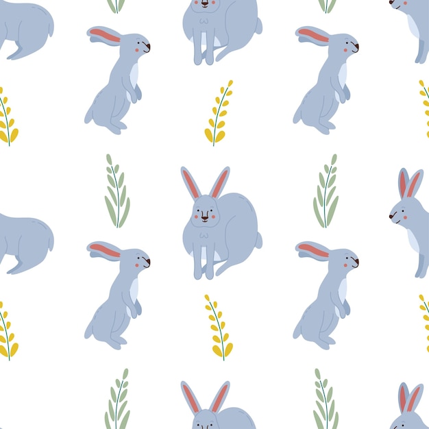 Vector seamless pattern with cute rabbits and leaves. Nursery print. Nature backdrop. Spring easter background.