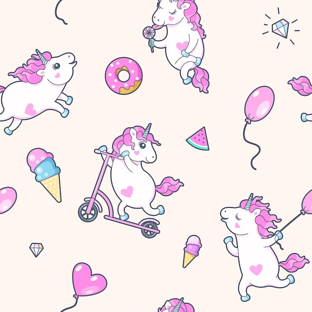 Vector seamless pattern with cute unicorns