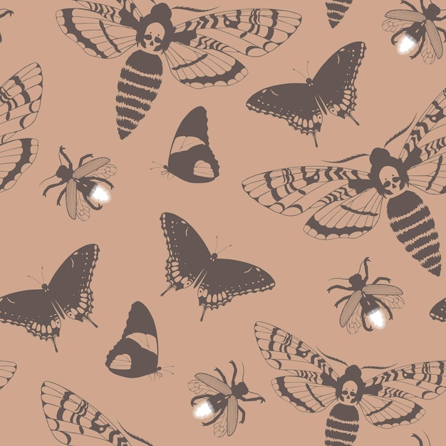 Vector vector seamless pattern with death head hawk moths, butterflies and fireflies silhouettes