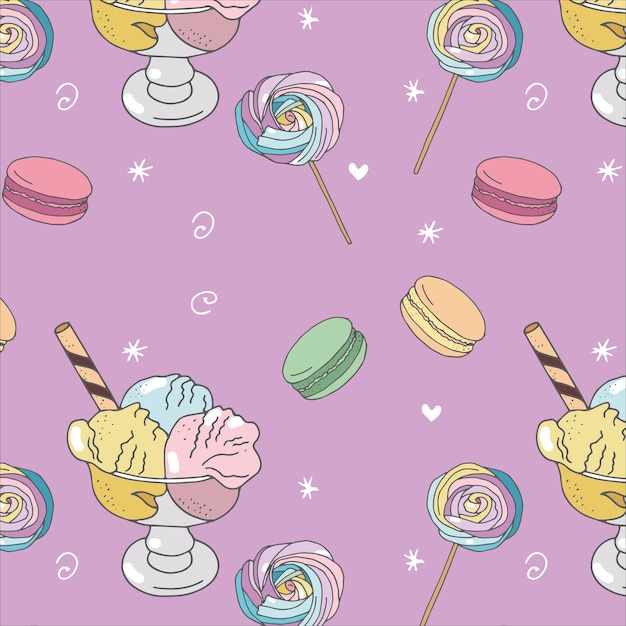 Vector seamless pattern with desserts and decorative elements For wrapping paper, backgrounds